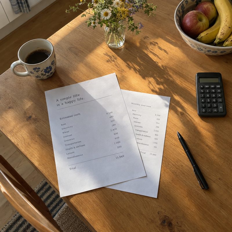 Køkkenbord med tilbudsark, lommeregner og notepapir klar til fradragsopgørelsen